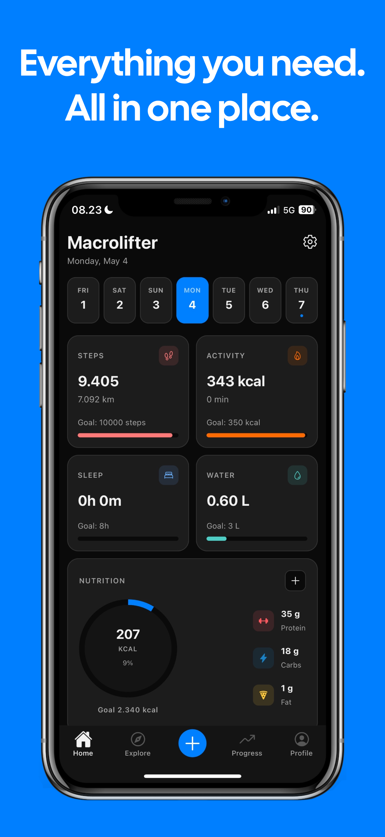 Home dashboard — steps, activity, sleep, water and nutrition at a glance